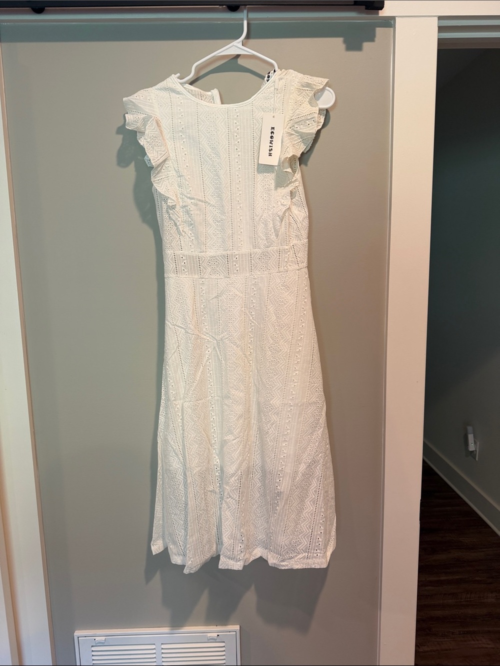 White Lace Midi Dress with Ruffle Cap Sleeves